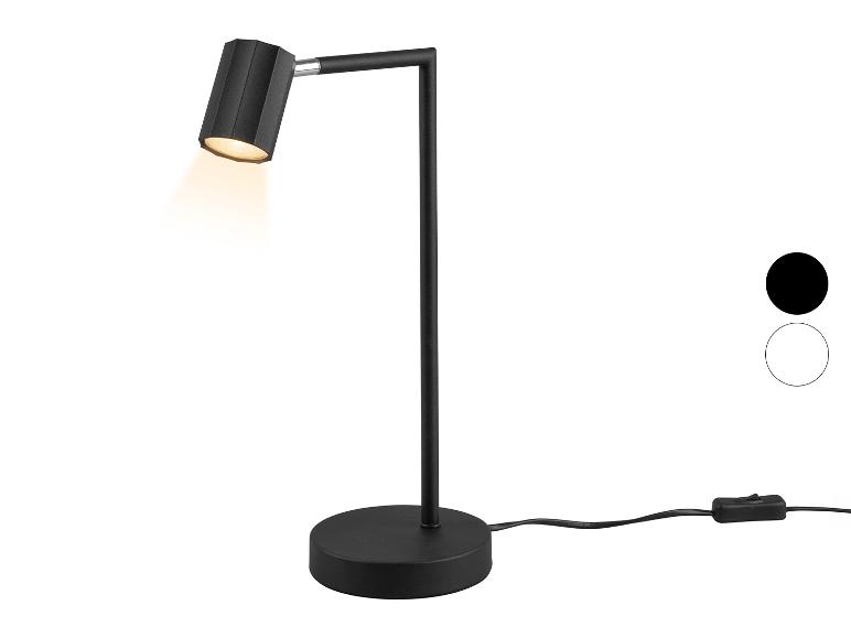 Lampe de table LED noire avec tête réglable et base ronde, avec interrupteur sur le câble.