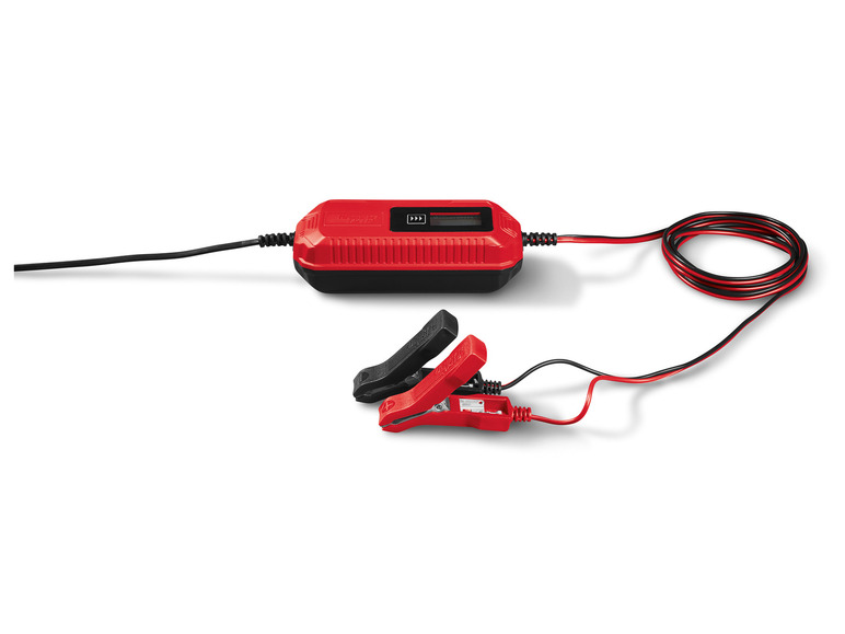 Un chargeur de batterie CTEK rouge avec des pinces et un câble noirs.