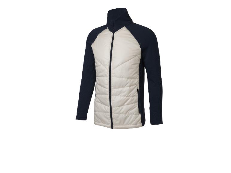 Une veste matelassée zippée bleu marine et beige.