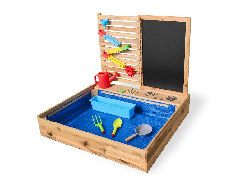 Table de jeu en bois sable et eau avec parcours d'eau, tableau noir et accessoires