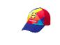 Casquette colorée avec motif géométrique et texte.