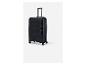 Valise noire avec poignée télescopique et quatre roulettes.