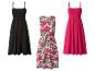 Trois robes d'été: noire, rose à fleurs et fuchsia.
