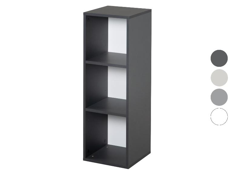 Étagère gris foncé avec trois compartiments ouverts et un dos blanc, montrée avec des échantillons de couleurs.