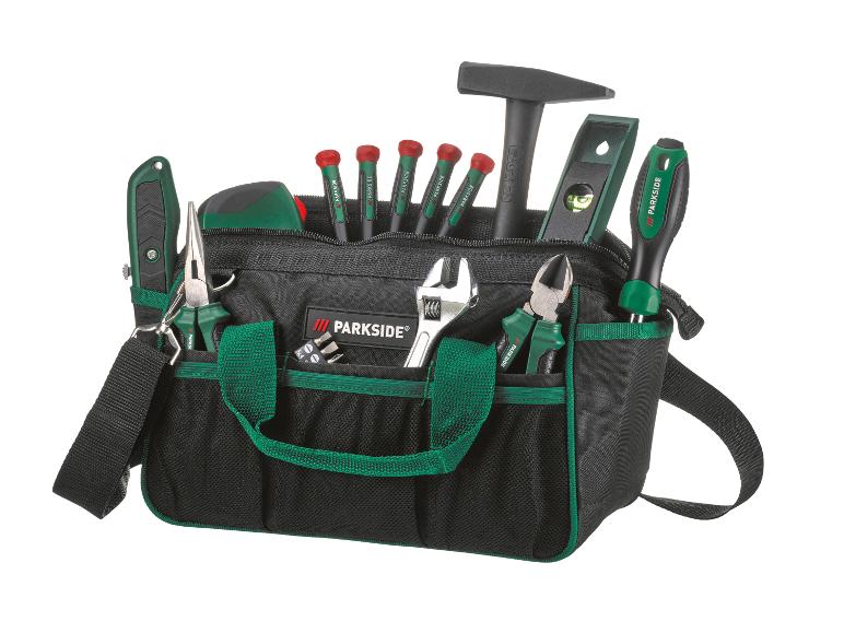 Parkside gereedschapskoffer: schroevendraaiers, hamer, waterpas en tangen.