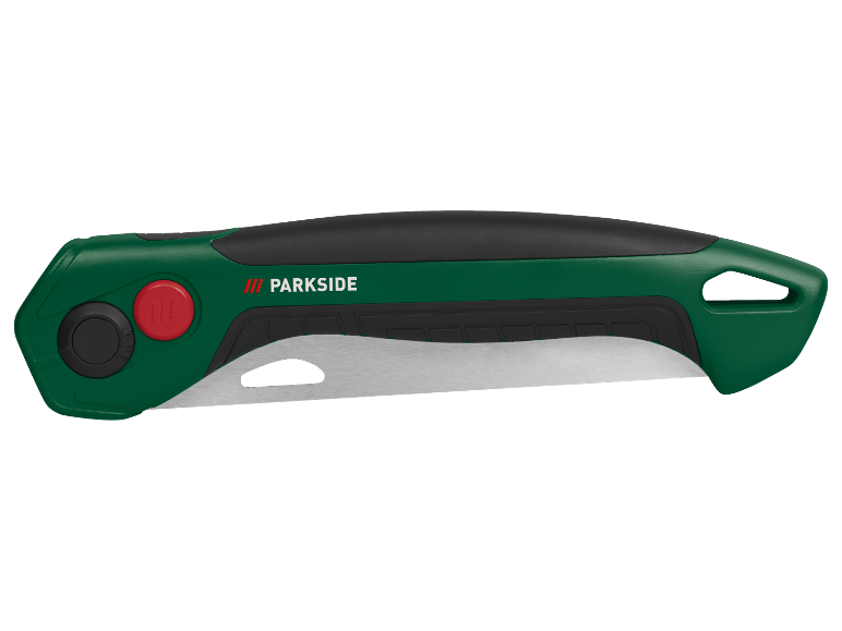 Scie pliante avec corps vert et noir et bouton rouge