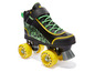 Zwarte inline skates met gele wielen en groene details.