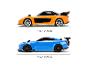 Twee speelgoedauto's, een oranje en een blauwe, met lengtematen.