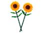 Twee gele LEGO zonnebloemen met groene stelen en bladeren.