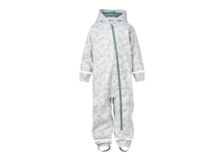 Baby grijze regenoverall met autopatroon en rits.