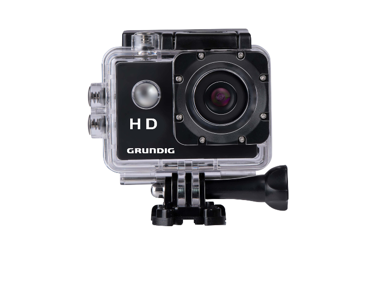 Een Grundig HD action camera met beugel.