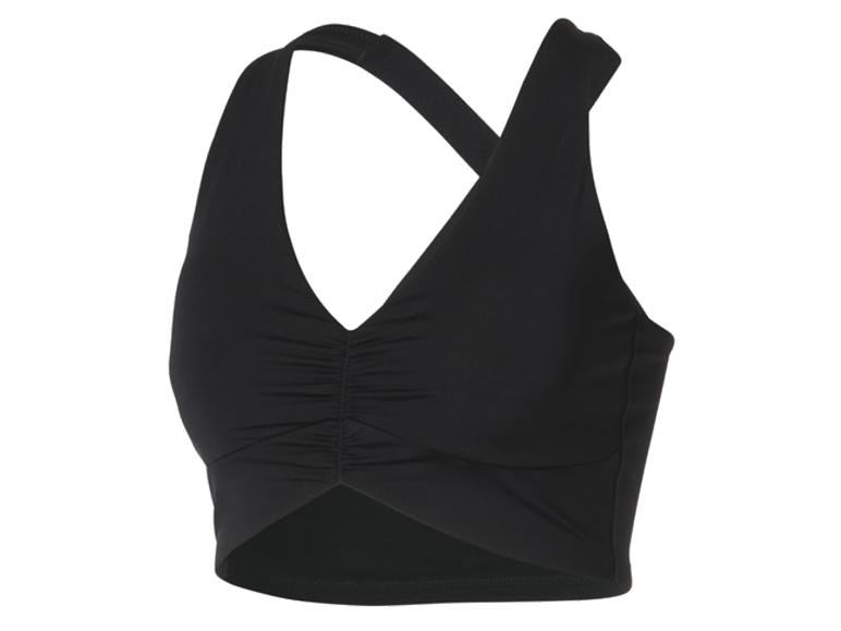 Soutien-gorge de sport noir à col en V avec détail froncé sur le devant.