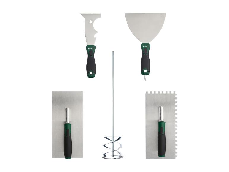 Parkside gereedschapset voor plamuren en mengen, inclusief spatels en een mixer.