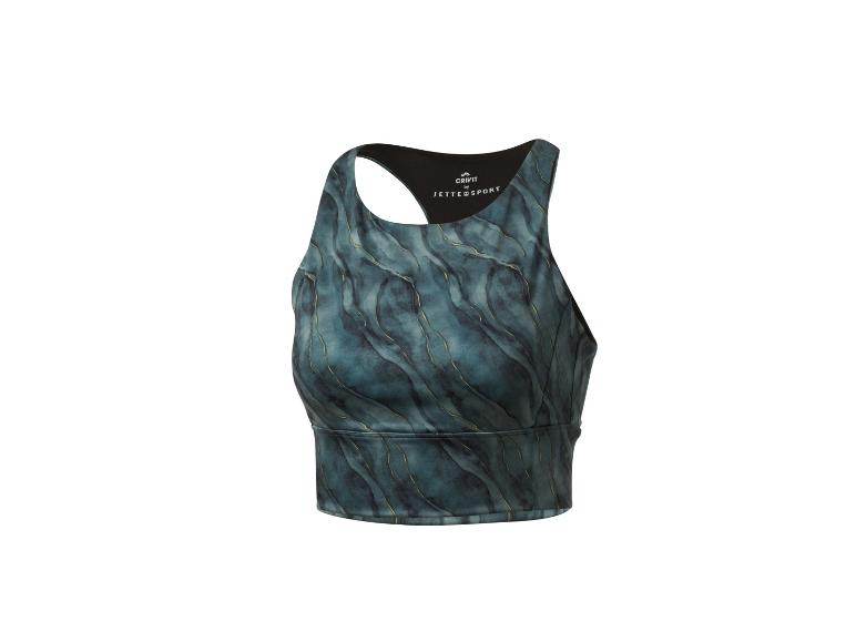 Crivit Jette Sport sporttop met blauw patroon en gouden details.