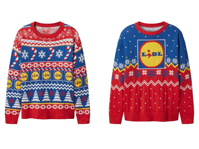 Twee Lidl-kersttruien, één met feestelijke patronen en logo's, de andere met een groot logo.