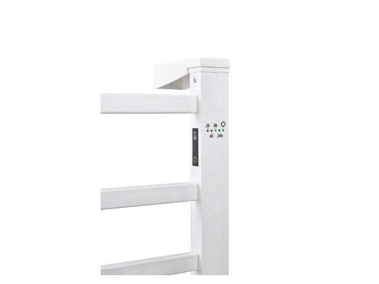 Witte handdoekdroger met digitale timer en stroomindicator.