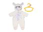BABY born witte pluche onesie met capuchon en bedrukte buik, en een gele hanger.