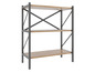 Een houten boekenkast met drie planken en een metalen frame.