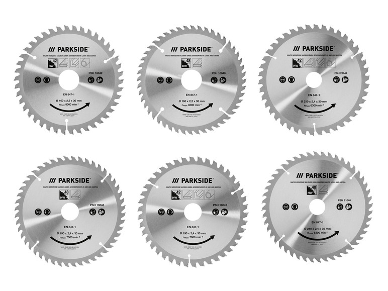 Zes Parkside cirkelzagen met verschillende diameters.