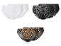 Lot de trois culottes en dentelle blanches, noires et imprimé léopard.