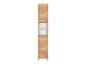 Hoge houten kast met twee gesloten deuren en twee open planken in het midden.