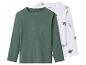 Deux t-shirts à manches longues Lupilu pour enfants: un vert foncé et un blanc à dinosaures.