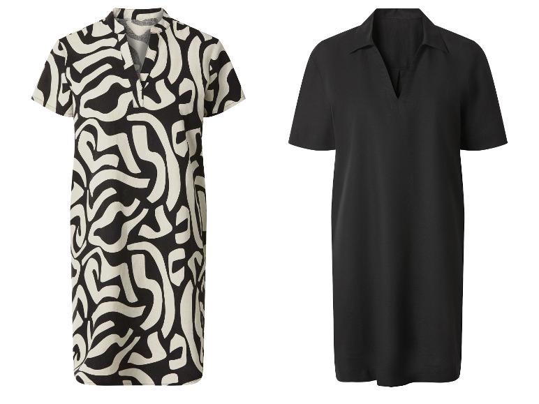 Deux robes chemises à manches courtes: une à motif abstrait noir et blanc, l'autre noire unie.