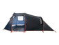 Een zwarte Tambu tent met oranje randen.