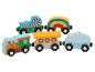 Ensemble de train en bois coloré avec locomotive et wagons, incluant un wagon arc-en-ciel et nuage.