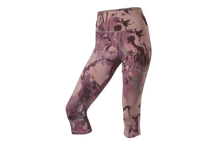 Legging capri femme à motif abstrait dans des tons de violet et de marron.