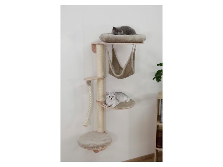 Deux chats sur un arbre à chat multi-niveaux avec lits et hamac.
