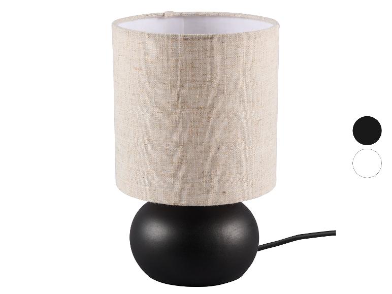 Tafellamp met beige stoffen kap en zwarte voet, met kleuropties.