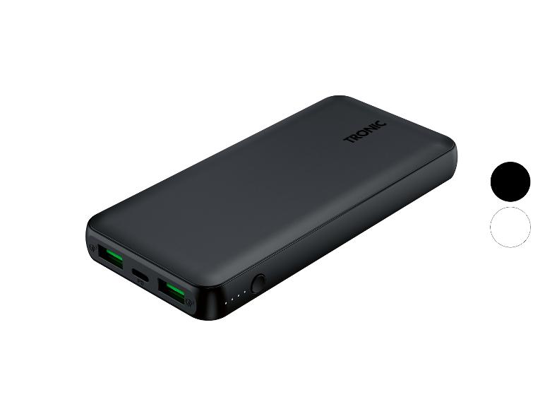 Batterie externe noire avec ports USB et voyants de charge.