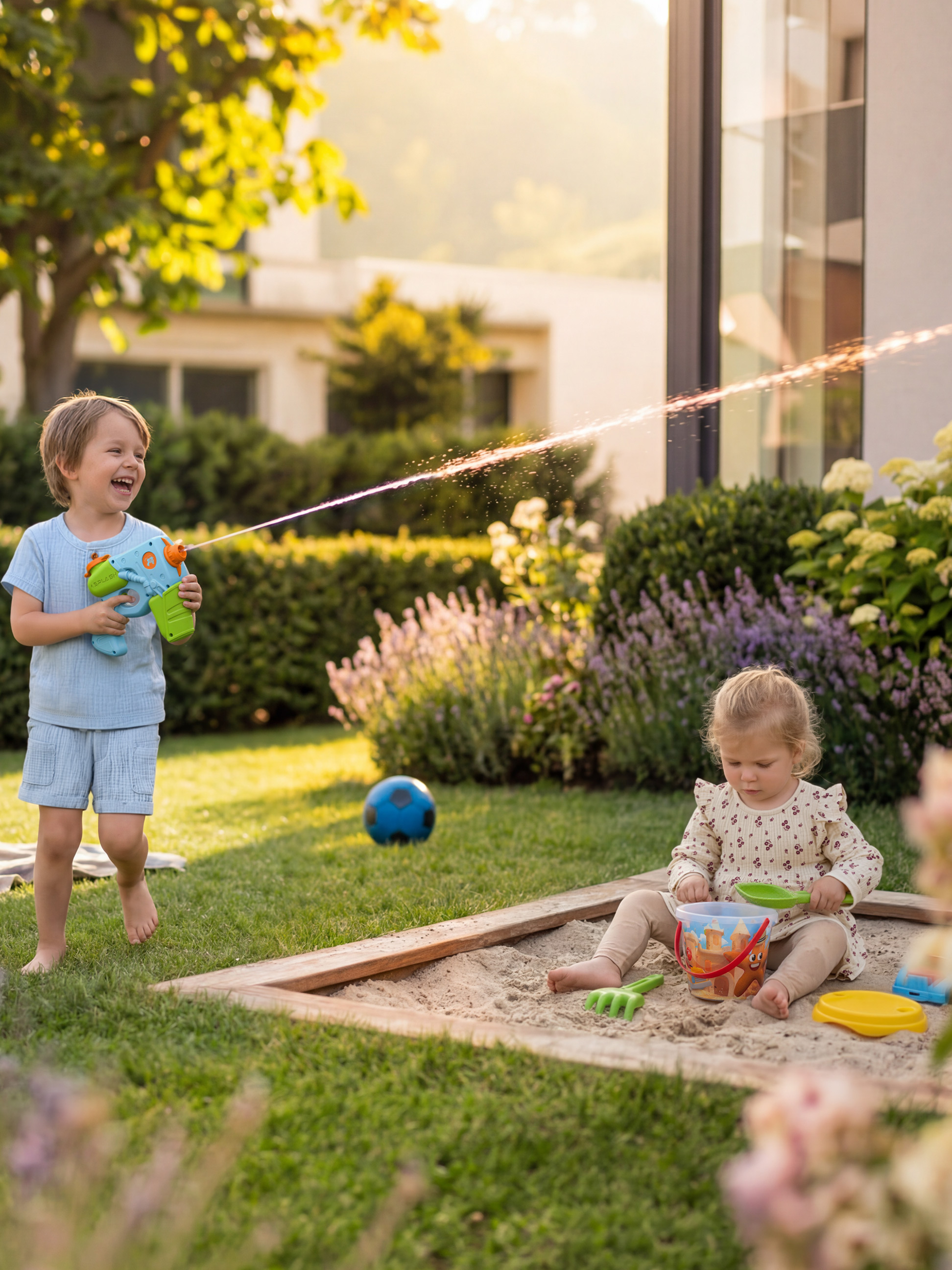 Kinderen spelen met een waterpistool en in een zandbak in de tuin.