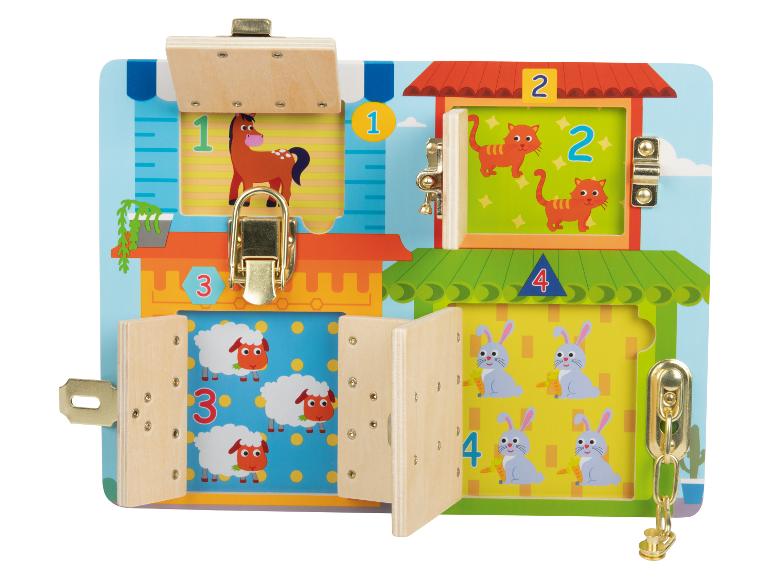 Tableau de jeu en bois avec animaux et serrures pour enfants