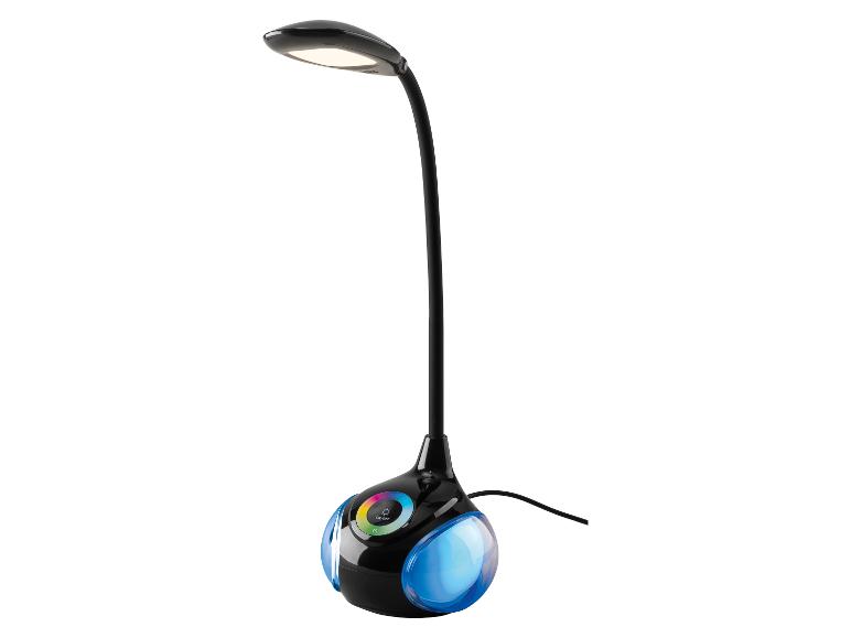 Lampe de bureau LED noire avec base lumineuse d'ambiance bleue et panneau de commande tactile.