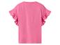 Achterkant van een roze T-shirt met korte mouwen en ruches
