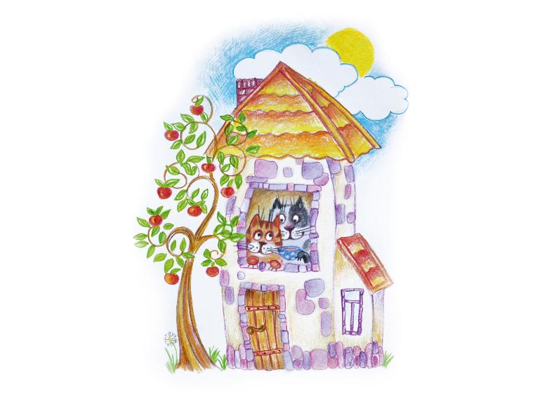 Tekening van een huis met katten in het raam, een appelboom en een felle zon.