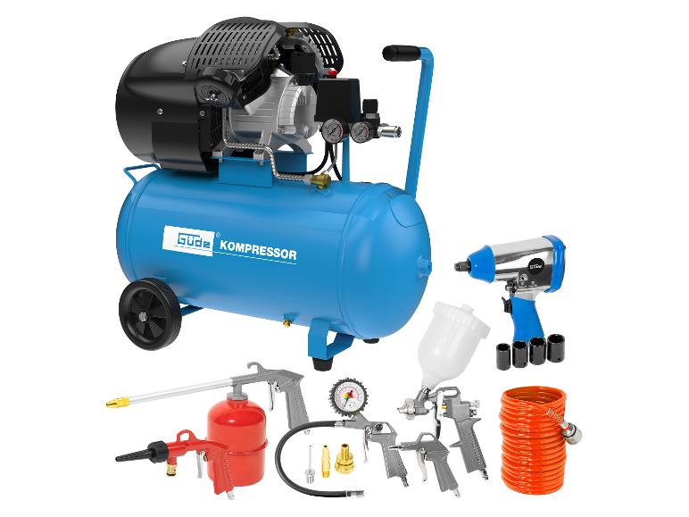 Güde compressor met spuitpistolen en accessoires voor schilderen en reparatie.
