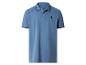 Polo bleu avec col et poignets rayés noirs, orné d'une broderie de palmier.