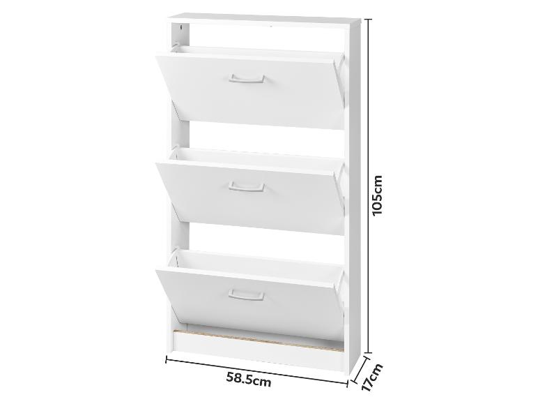 Witte schoenenkast met drie lades, afmetingen 105x58,5x17cm.