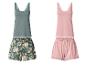 Deux ensembles de pyjama femme avec débardeurs et shorts, un vert fleuri et un rose.