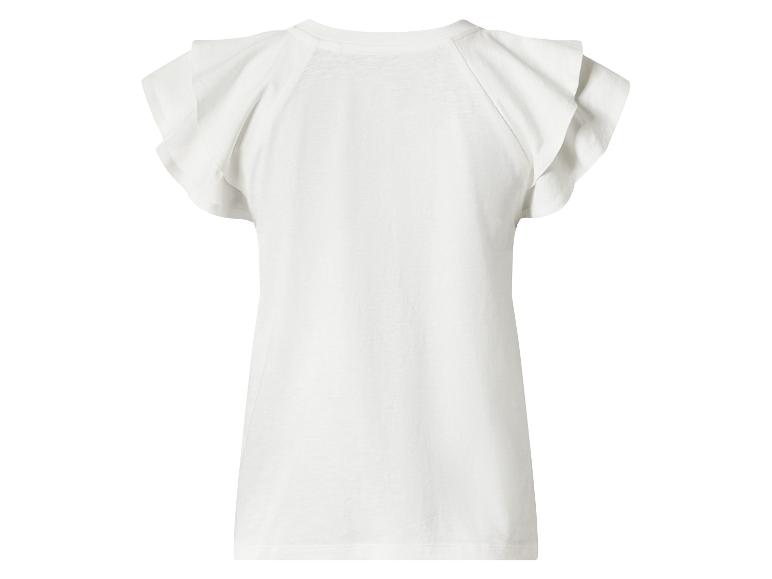 Wit dames T-shirt met ruchesmouwen, achterkant.