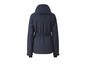 Een donkerblauwe jas met capuchon en riem.