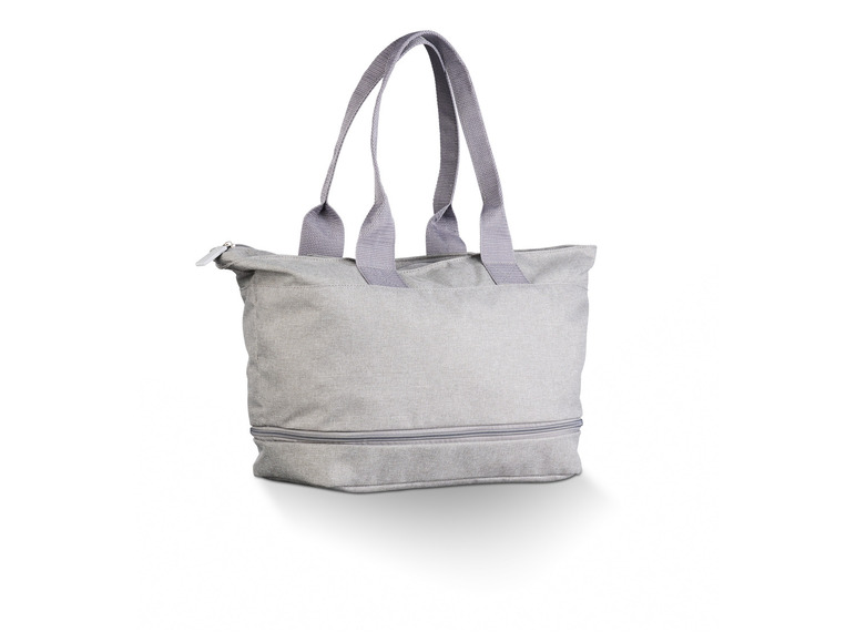 Een grijze canvas tote bag met twee handvatten.