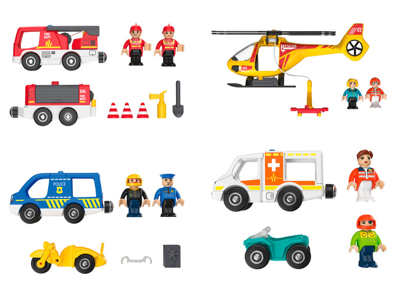 Jouets: camion de pompiers, ambulance, voiture de police, hélicoptère et figurines.