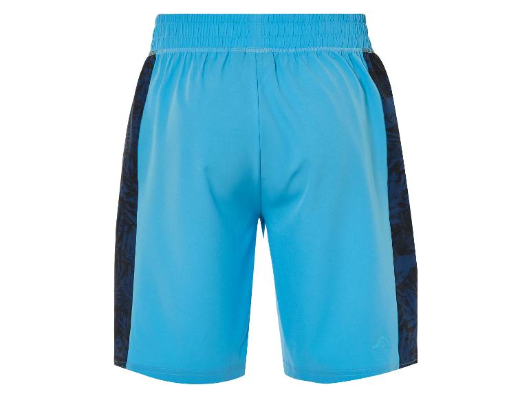 Blauwe sportshorts met print, achterkant.