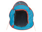 Een blauwe pop-up tent met rode randen, gezien van boven.