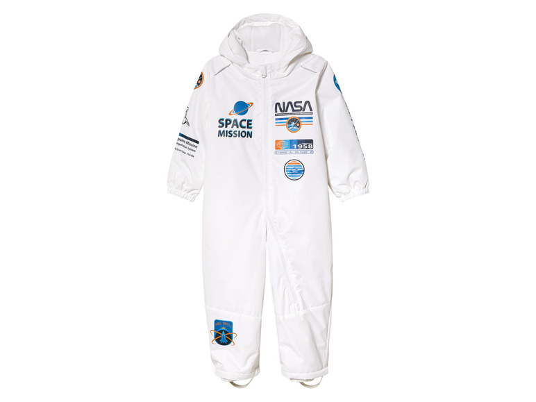 Een witte NASA ruimtepak jumpsuit voor kinderen met een Space Mission print.