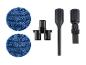 Deux patins de vadrouille en microfibre bleus et trois accessoires d'aspirateur noirs.